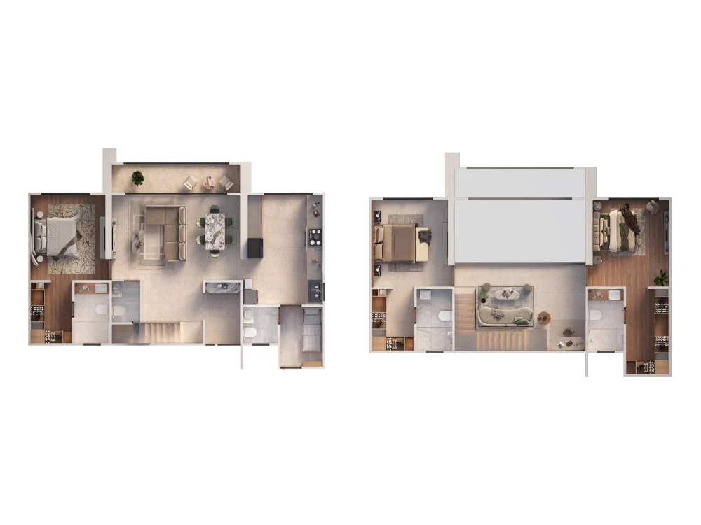 Global Riverfront 3.5 BHK duplex upper and lower level plans - 1,612 sq.ft carpet